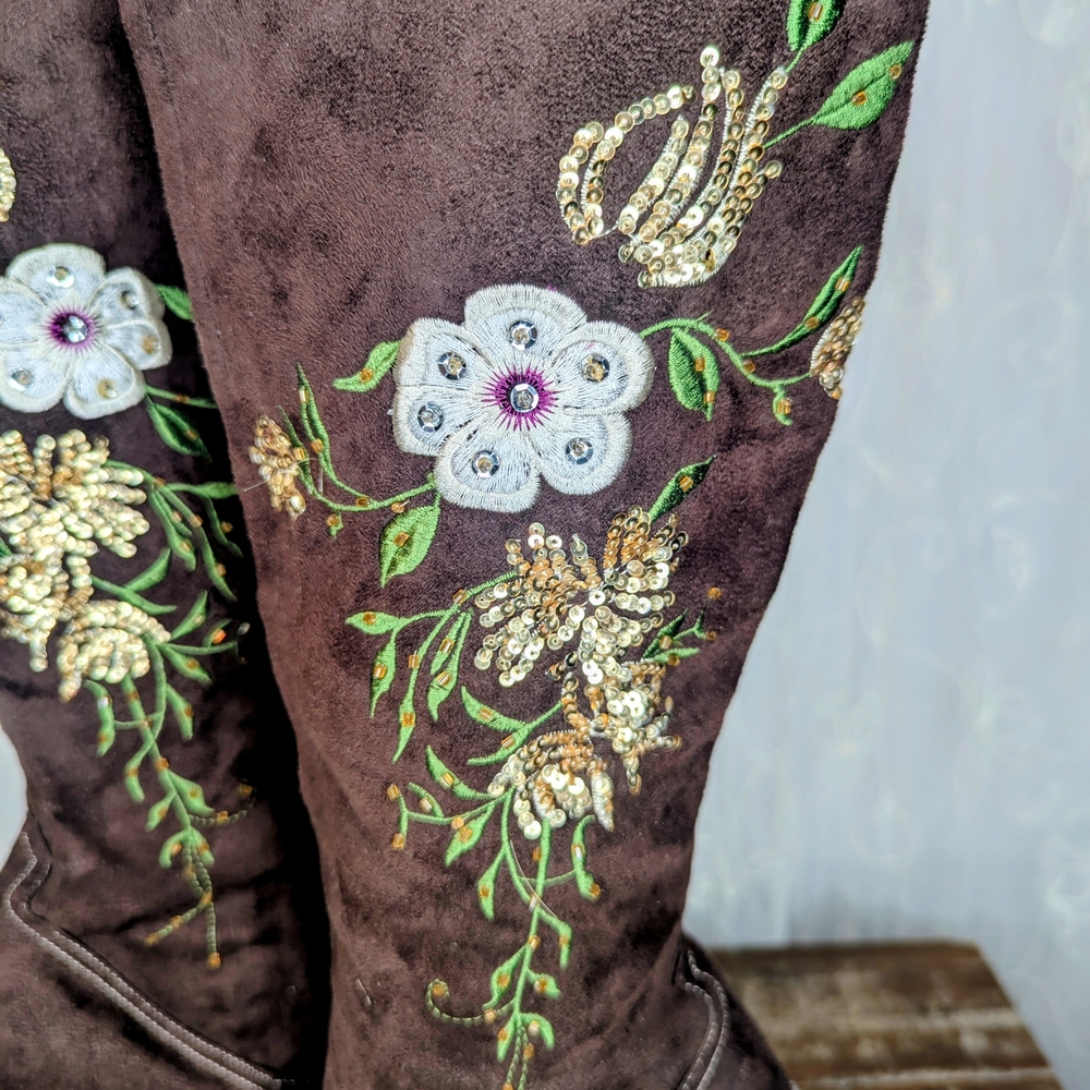 "Splash" Brown Embellished & Embroidered Floral Heeled Boots - Picture 5 of 12